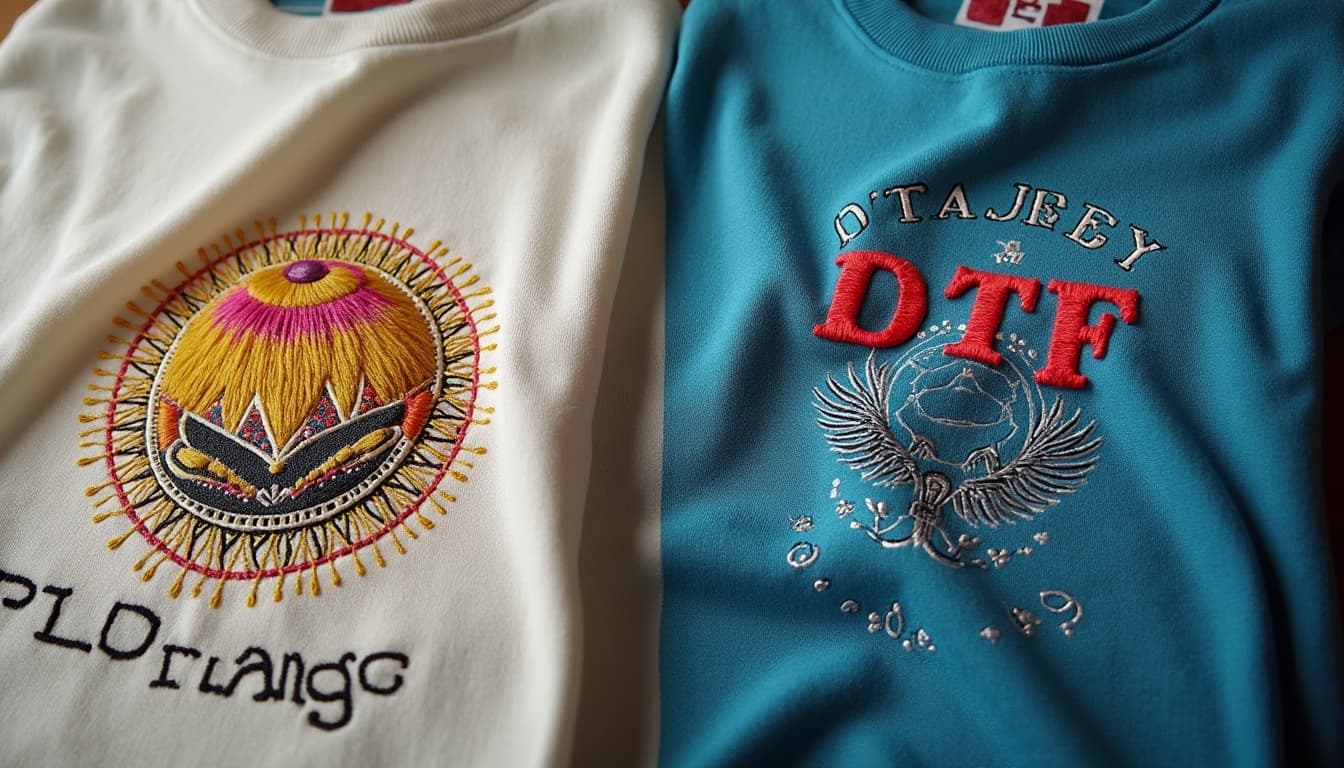 Close-up comparison of embroidered logo versus DTF printed design on apparel by Belle Maya Prints