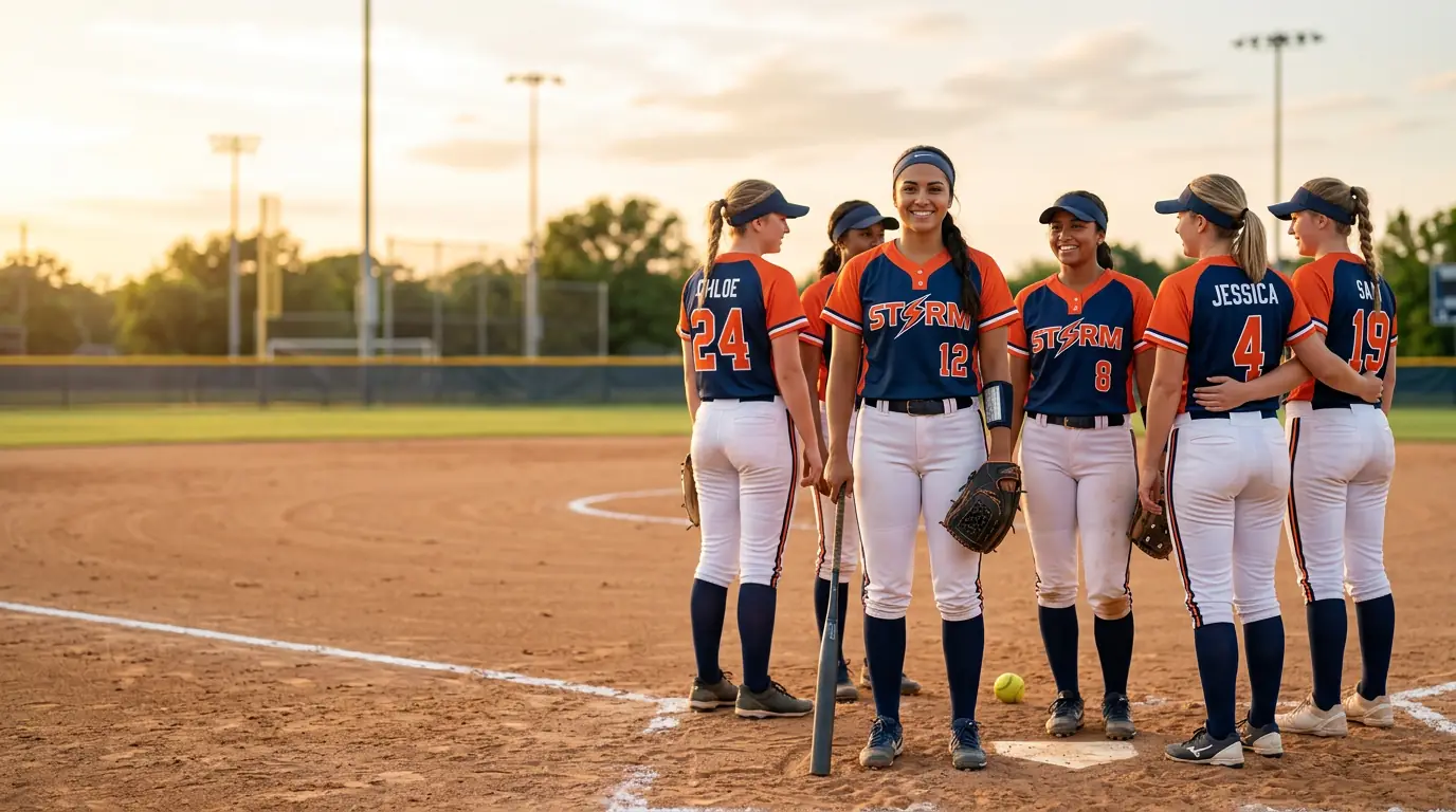 Custom softball team wearing printed navy and orange jerseys with player names and numbers on a softball field at sunset