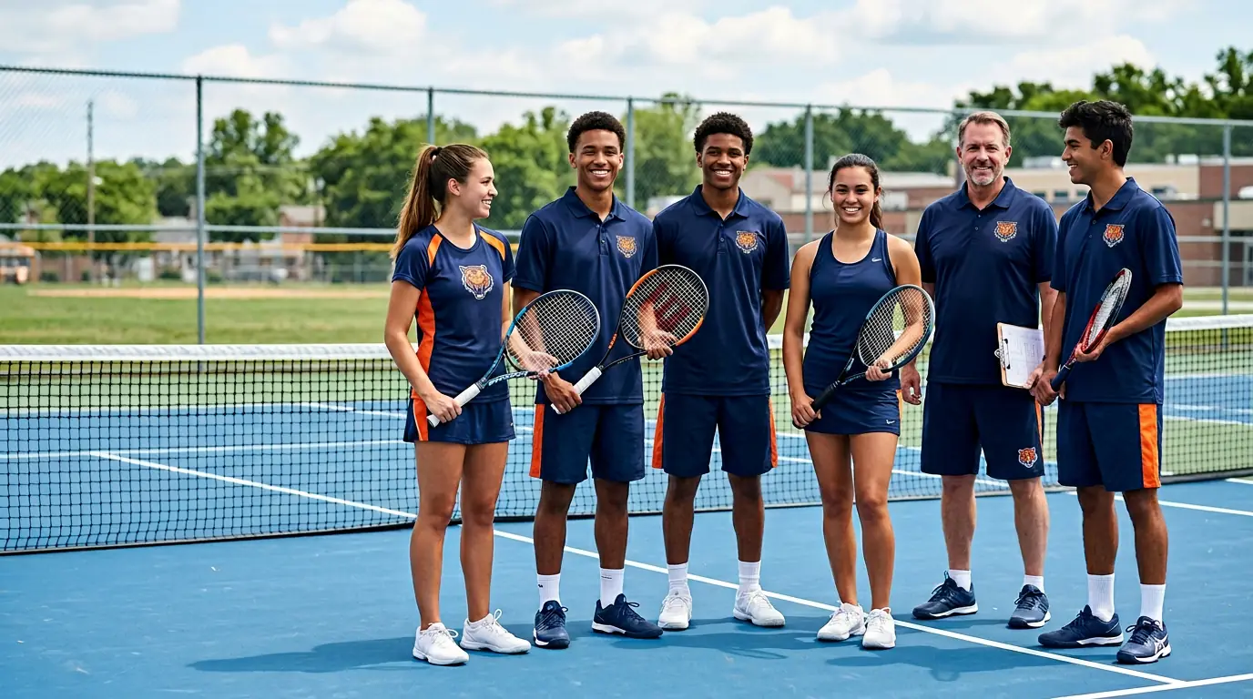 High school tennis team and coach wearing coordinated custom navy performance shirts on an outdoor tennis court