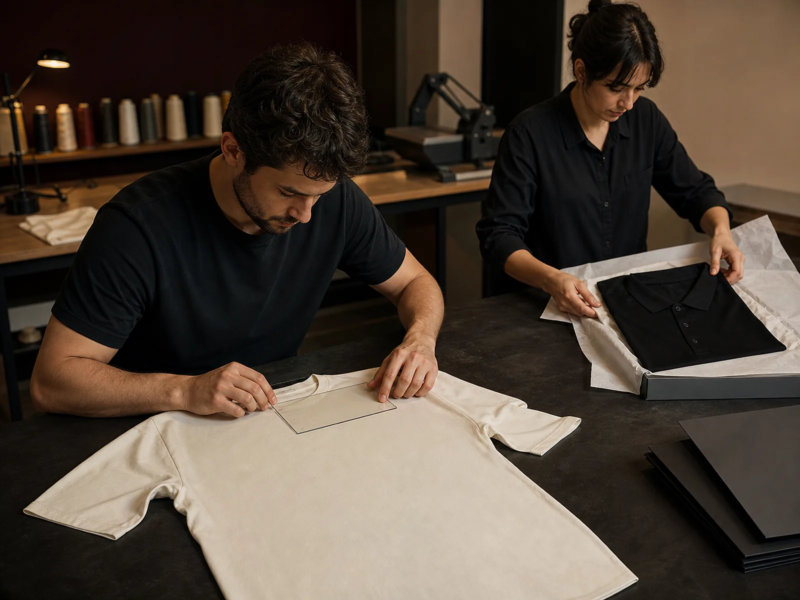 Belle Maya production team inspecting decorated garments together at a quality-control table