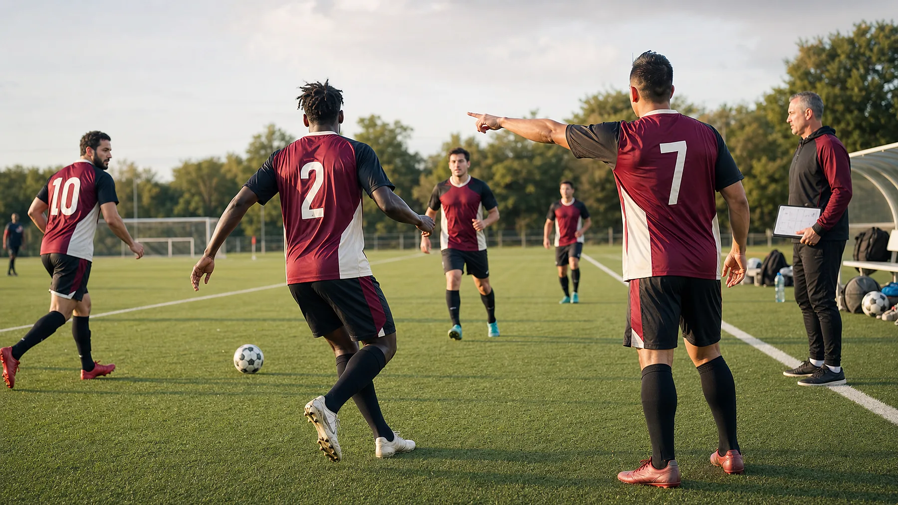 Soccer players in coordinated Belle Maya navy and ivory jerseys reviewing a crest proof before taking the field
